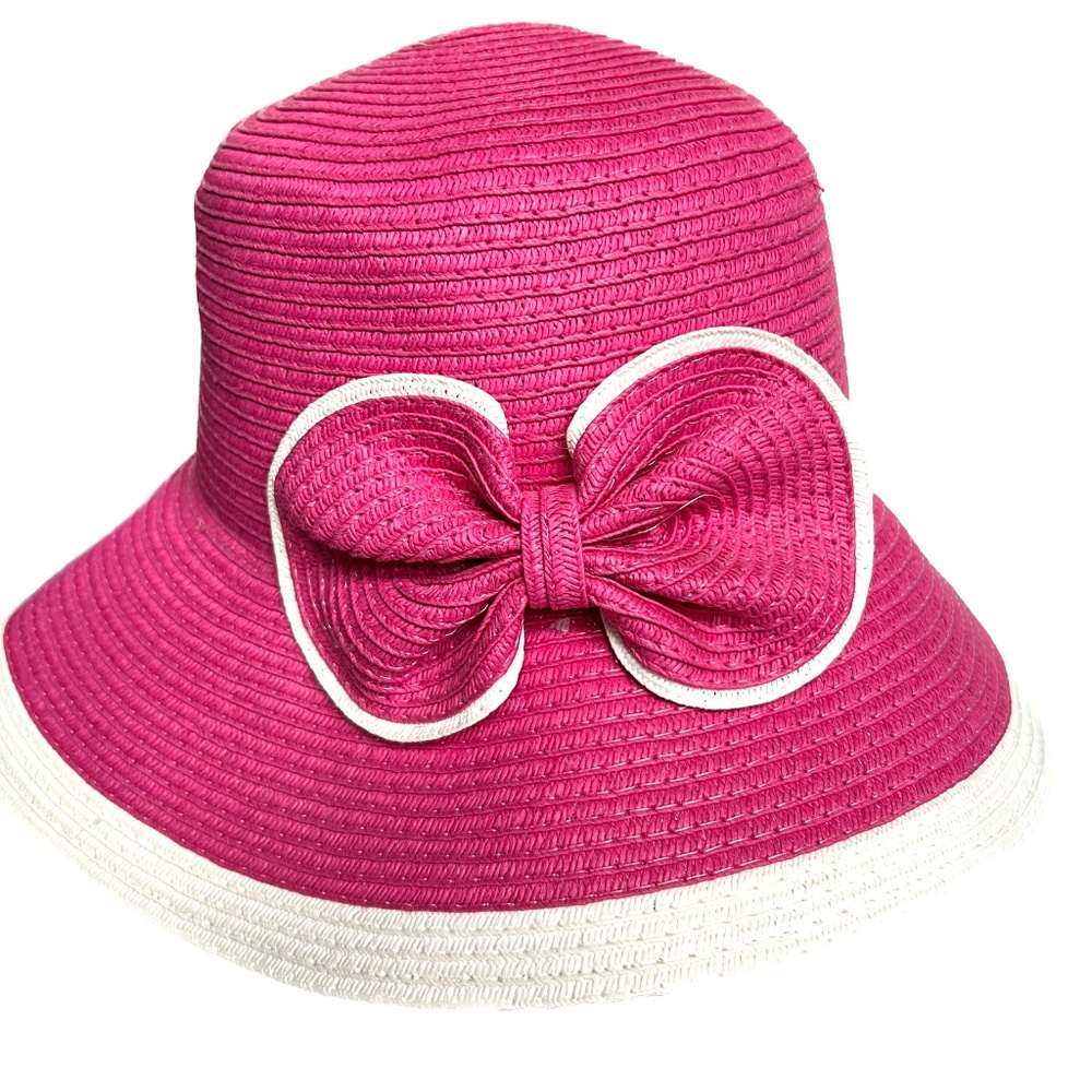 Magid Hats Pink & White Sun Hat With Large Bow One Size Wide Brim Bucket
